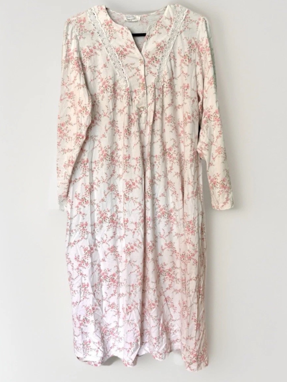 Vintage Miss Elaine Floral Prairie Nightgown Dress Pink White Lace S Cottage